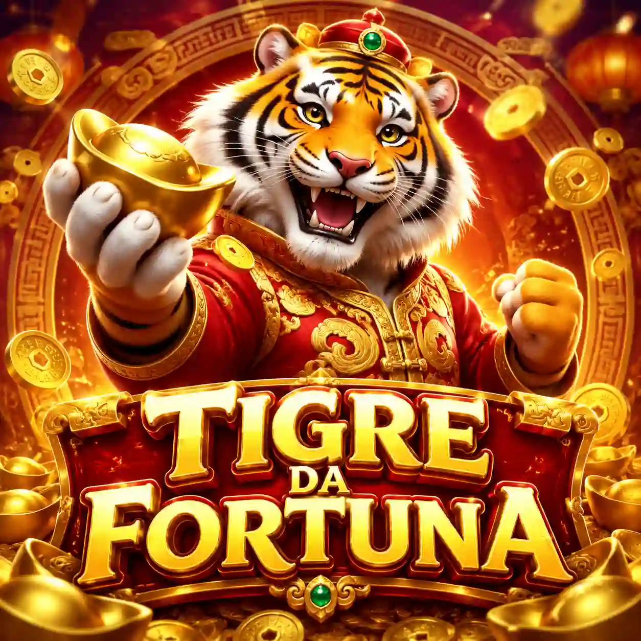 Tela ilustrativa de slot temático de tigre em fundo dourado mostrando giros e símbolos da fortuna